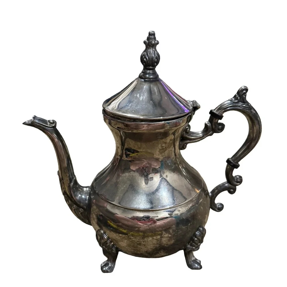 Vintage Silver Plated Footed Teapot Ornate Victorian Style Tea Pot with Finial